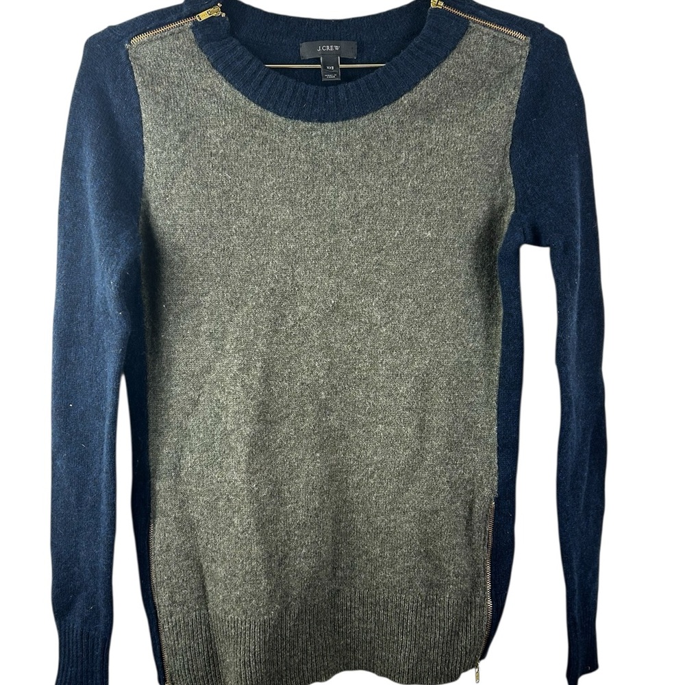 J.Crew women's colorblock sweater in olive green and navy blue merino wool
